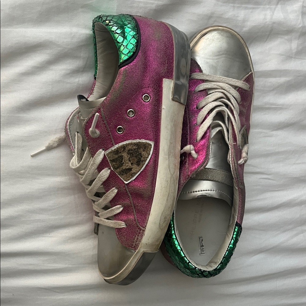 Philippe Model Pink and Silver Sneakers with Green Accents